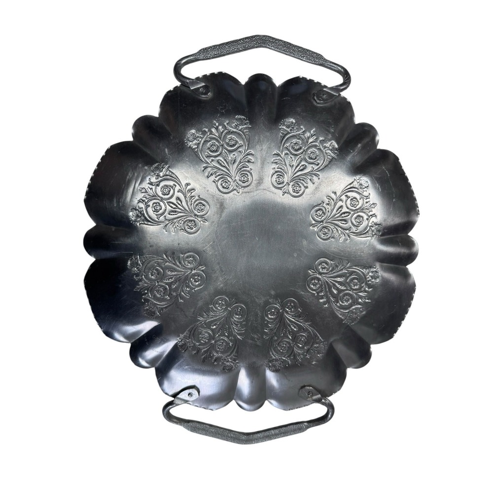 Vintage Embossed Cottagecore Floral Serving Tray Scalloped Edge Handles 16.5" - Picture 2 of 4